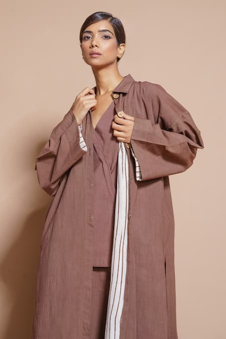 Shop Stoique Orange Cotton Collared Butter Button Front Long Jacket at Aza Fashions Shop_Stoique_Orange Cotton Collared Butter Button Front Long Jacket _at_Aza_Fashions