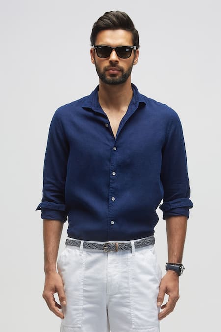 Shop Terra Luna Blue 100% Linen Spread Collar Shirt at Aza Fashions Shop_Terra Luna_Blue 100% Linen Spread Collar Shirt _at_Aza_Fashions