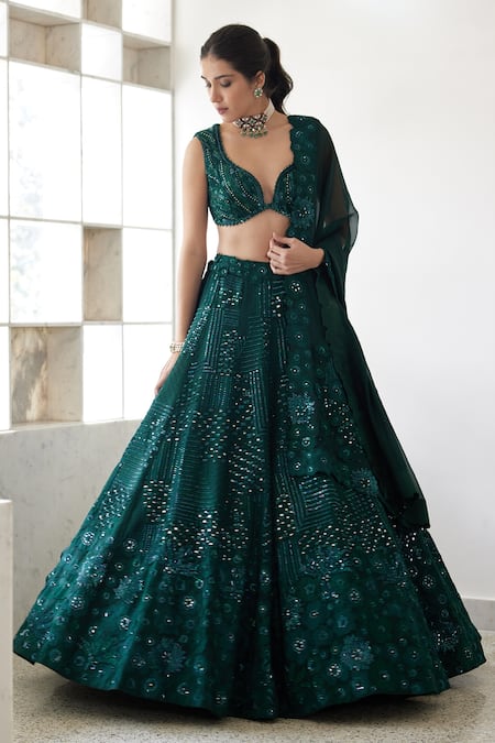 Shop_Mishru_Green Organza Beads, Embroidery Plunge Zita Checks And Floral Bridal Lehenga Set _at_Aza_Fashions