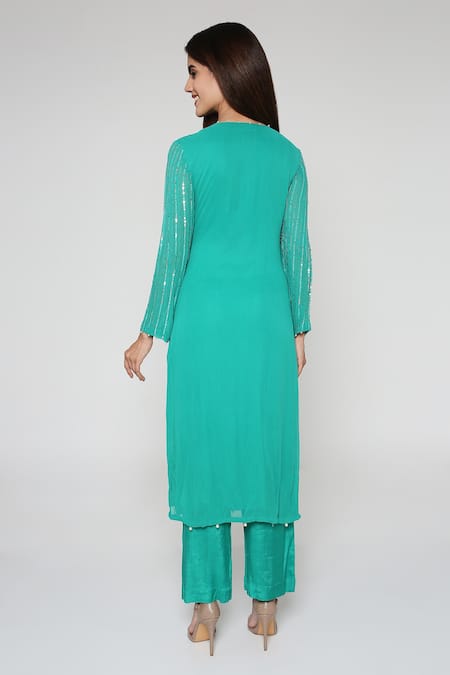 Shop Bha Sha Green Georgette, Net Sequins, Beads Kriti Embroidered Kurta Straight Pant Set at Aza Fashions Shop_Bha Sha_Green Georgette, Net Sequins, Beads Kriti Embroidered Kurta Straight Pant Set _at_Aza_Fashions