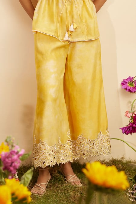 Shop Chandrima Yellow Chanderi Embroidery Floral Cut Work Hem Culottes at Aza Fashions Shop_Chandrima_Yellow Chanderi Embroidery Floral Cut Work Hem Culottes _at_Aza_Fashions