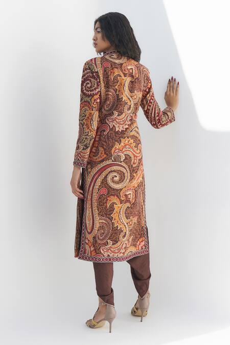 Shop Nadima Saqib Brown Silk Embroidery Mandarin Collar Paisley And Mandala Print Kurta at Aza Fashions Shop_Nadima Saqib_Brown Silk Embroidery Mandarin Collar Paisley And Mandala Print Kurta _at_Aza_Fashions
