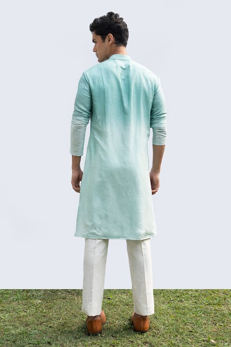 Shop Kaka Calcutta Blue Bamboo, Cotton, Silk Embroidery Shaded Bamberg Kurta Set at Aza Fashions Shop_Kaka Calcutta_Blue Bamboo, Cotton, Silk Embroidery Shaded Bamberg Kurta Set _at_Aza_Fashions