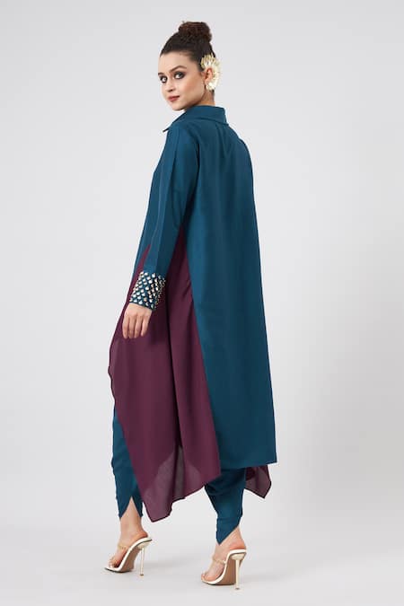 Shop Aakaar Blue Cotton, Silk Embroidery Solid Button Down Tunic And Draped Pant Set at Aza Fashions Shop_Aakaar_Blue Cotton, Silk Embroidery Solid Button Down Tunic And Draped Pant Set _at_Aza_Fashions