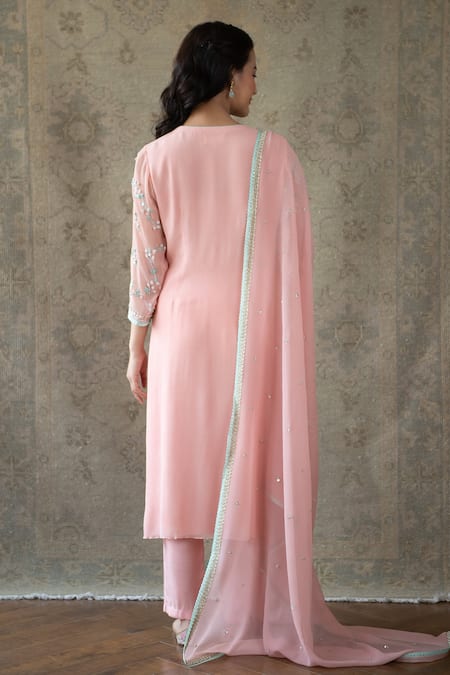Shop Summer By Priyanka Gupta Peach Chiffon Sequins, Beads Round Neck Persian Embroidered Straight Kurta Set at Aza Fashions Shop_Summer By Priyanka Gupta_Peach Chiffon Sequins, Beads Round Neck Persian Embroidered Straight Kurta Set_at_Aza_Fashions