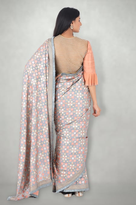 Shop I Am Design Green Silk Ikat Print Frill Border Saree at Aza Fashions Shop_I Am Design_Green Silk Ikat Print Frill Border Saree _at_Aza_Fashions