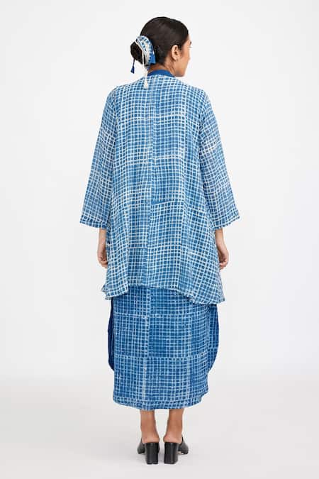 Shop_JAYATI GOENKA_Blue Cotton Mandarin Collar, Open Handblock Checkered Print Jacket With Dress _at_Aza_Fashions