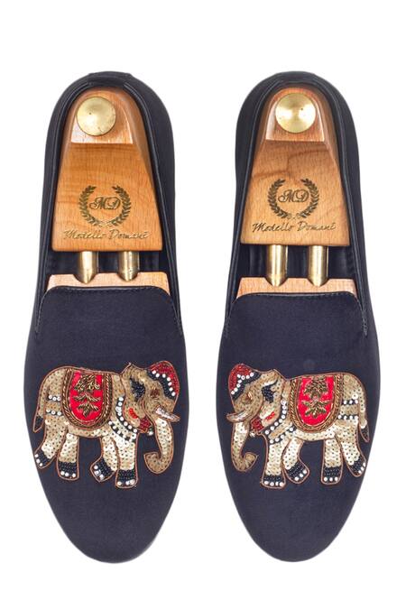 Shop_Domani_Black Upper Leather The Maharaja Round Toe Slip-ons _at_Aza_Fashions