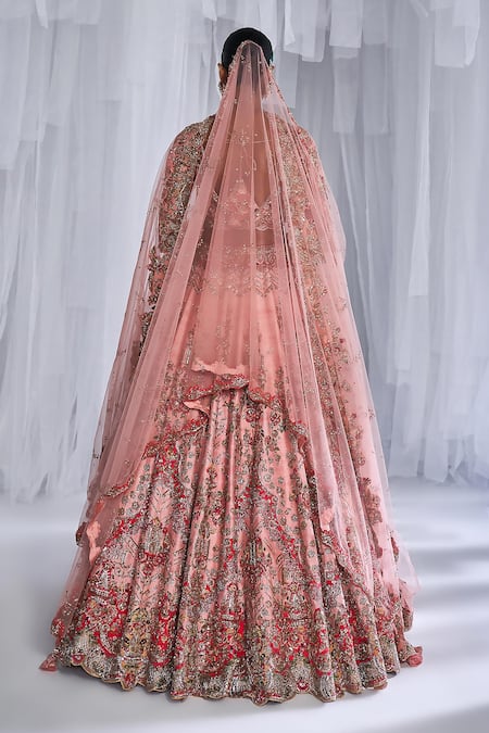 Shop Dolly J Pink Silk Embroidery Plunge Neck Hazel Raw Bridal Lehenga Set at Aza Fashions Shop_Dolly J_Pink Silk Embroidery Plunge Neck Hazel Raw Bridal Lehenga Set _at_Aza_Fashions