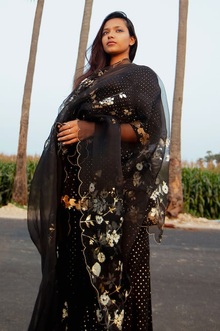 Shop_Label Earthen_Black Cotton Mal Printed And Embroidered Foil & Peplum Kurta Sharara Set _at_Aza_Fashions