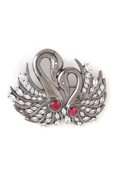 Shop Cosa Nostraa Black Stones Twin Swan Brooch at Aza Fashions Shop_Cosa Nostraa_Black Stones Twin Swan Brooch _at_Aza_Fashions