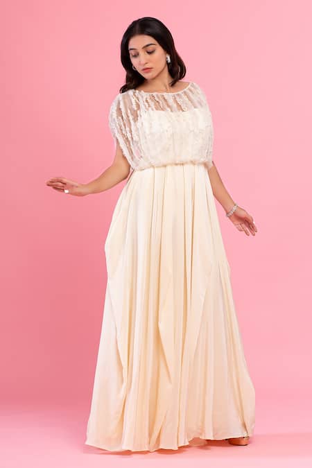 Shop_PIRI INDIA_Ivory Organza, Crepe Beads, Pearls Boat Neck Hand Embroidered Balloon Cowl Gown _at_Aza_Fashions