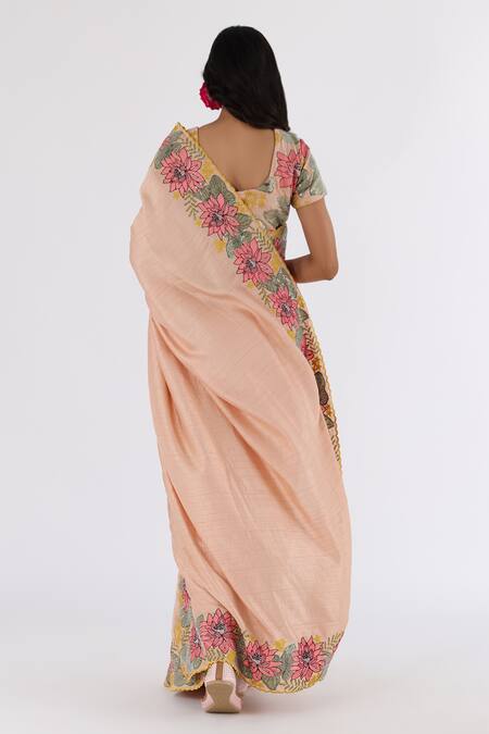 Shop Nakita Singh Pink Satin, Silk Sequins, Embroidery Boat Neck Floral Saree And Blouse Set at Aza Fashions Shop_Nakita Singh_Pink Satin, Silk Sequins, Embroidery Boat Neck Floral Saree And Blouse Set_at_Aza_Fashions