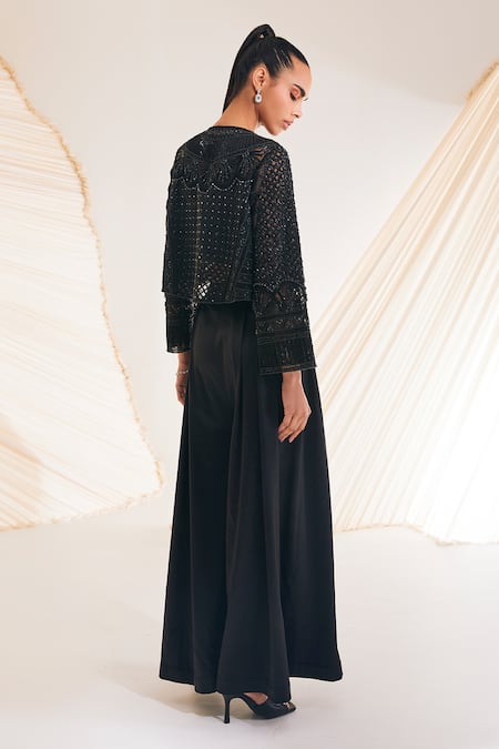 Shop Divya Aggarwal Black Jacket Organza Hand Embroidery Sequin Elowen Trellis Palazzo Set at Aza Fashions Shop_Divya Aggarwal_Black Jacket Organza Hand Embroidery Sequin Elowen Trellis Palazzo Set _at_Aza_Fashions