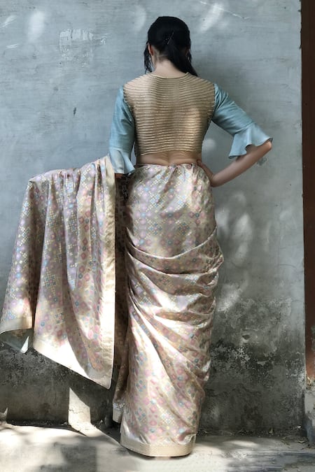 Shop_I Am Design_Beige Silk Ikat Print, Floral And Kantha Embroidery Round Saree With Blouse _at_Aza_Fashions