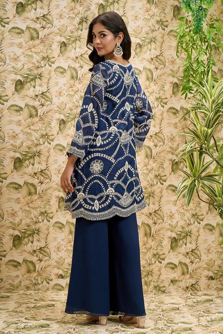 Shop Aariyana Couture Blue Organza, Viscose, Georgette Embroidery Jaal Work Kurta And Flared Pant Set at Aza Fashions Shop_Aariyana Couture_Blue Organza, Viscose, Georgette Embroidery Jaal Work Kurta And Flared Pant Set_at_Aza_Fashions