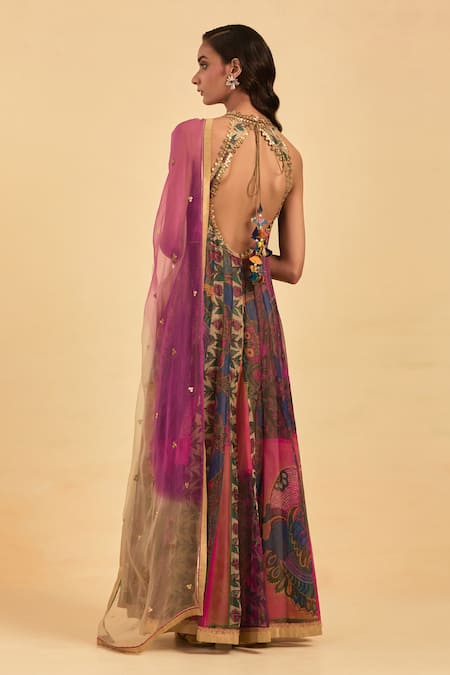Aum By Asit And Ashima Peacock & Flower Print Anarkali With Dupatta 