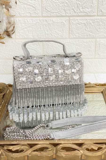 Shop Kainiche By Mehak Silver Embellished Handwork Clutch Bag at Aza Fashions Shop_Kainiche By Mehak_Silver Embellished Handwork Clutch Bag _at_Aza_Fashions