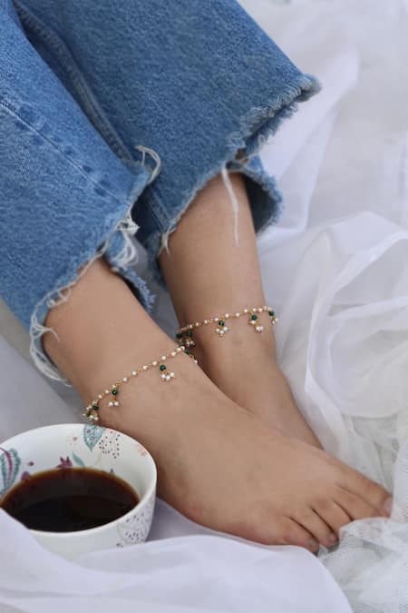 Shop Do Taara Green Pearls, Stones Delicate Anklet - Set Of 2 at Aza Fashions Shop_Do Taara_Green Pearls, Stones Delicate Anklet - Set Of 2 _at_Aza_Fashions