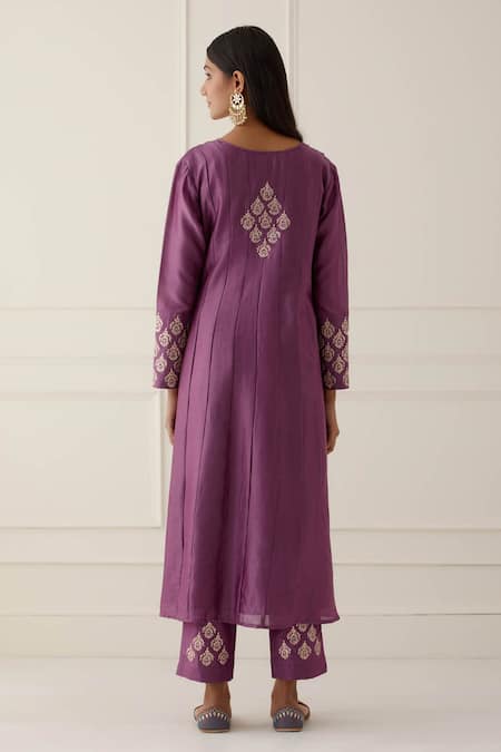Shop Kamaltaas Purple Chanderi Silk, Lining Mulmul Paisley Embroidered Anarkali And Pant Set at Aza Fashions Shop_Kamaltaas_Purple Chanderi Silk, Lining Mulmul Paisley Embroidered Anarkali And Pant Set _at_Aza_Fashions
