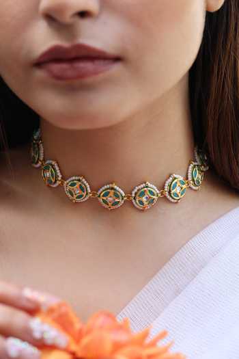 Shop Do Taara Green Meenakari Choker Necklace at Aza Fashions Shop_Do Taara_Green Meenakari Choker Necklace _at_Aza_Fashions