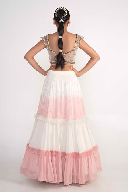 Shop_Merge Design_Ivory Net, Modal, Chiffon Sequins, Cut Work Embroidered Blouse Lehenga Set _at_Aza_Fashions