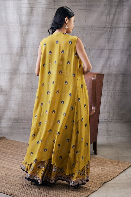 Shop_Soup By Sougat Paul_Yellow Silk, Chiffon Embroidery V-neck, Open Garden Print Jacket Palazzo Set _at_Aza_Fashions