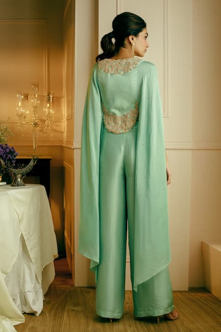 Nehha Nhata Silk Hand Embroidered Cape Top & Palazzo Set 