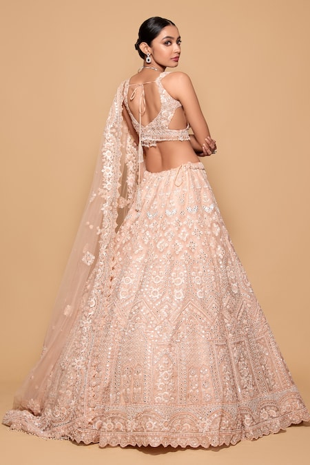 Shop Pallavi Poddar Peach Tulle Beads, Embroidery, Mirrors Sweetheart Neck Beta Bridal Lehenga Set at Aza Fashions Shop_Pallavi Poddar_Peach Tulle Beads, Embroidery, Mirrors Sweetheart Neck Beta Bridal Lehenga Set _at_Aza_Fashions