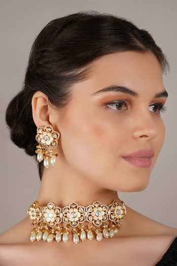 ChhavI'S Jewels_Yellow Stones, Pearls, Embroidery Floral Embellished Choker Necklace Set_Online_at_Aza_Fashions