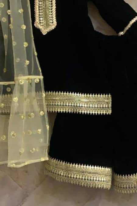 Shop_The Plum Bum_Black Velvet, Net Embroidery, Sequins Kurta Palazzo Set _at_Aza_Fashions