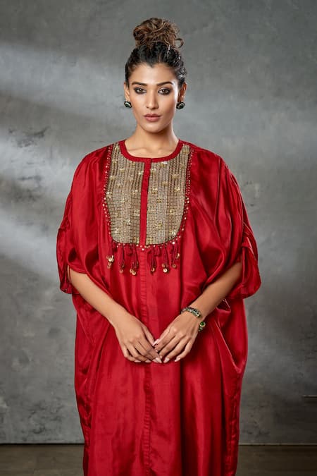 Shop Aditi Somani Red Pure Silk Beads, Coins Round Kaftan Tunic at Aza Fashions Shop_Aditi Somani_Red Pure Silk Beads, Coins Round Kaftan Tunic _at_Aza_Fashions