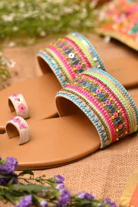 Shop Coral Haze Multi Color Sequins, Beads, Embroidery Riley Hand Kolhapuri Sandals at Aza Fashions Shop_Coral Haze_Multi Color Sequins, Beads, Embroidery Riley Hand Kolhapuri Sandals_at_Aza_Fashions