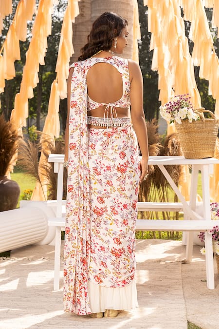 Shop Chhavvi Aggarwal Off White Modal, Georgette Sequins, Floral Print Sharara Saree With Blouse at Aza Fashions Shop_Chhavvi Aggarwal_Off White Modal, Georgette Sequins, Floral Print Sharara Saree With Blouse _at_Aza_Fashions