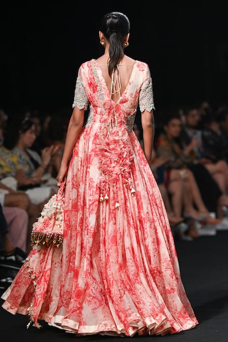 Shop Bhumika Sharma Red Organza, Georgette Zari, Embroidery Plunge Blossom Print Anarkali With Belt at Aza Fashions Shop_Bhumika Sharma_Red Organza, Georgette Zari, Embroidery Plunge Blossom Print Anarkali With Belt _at_Aza_Fashions