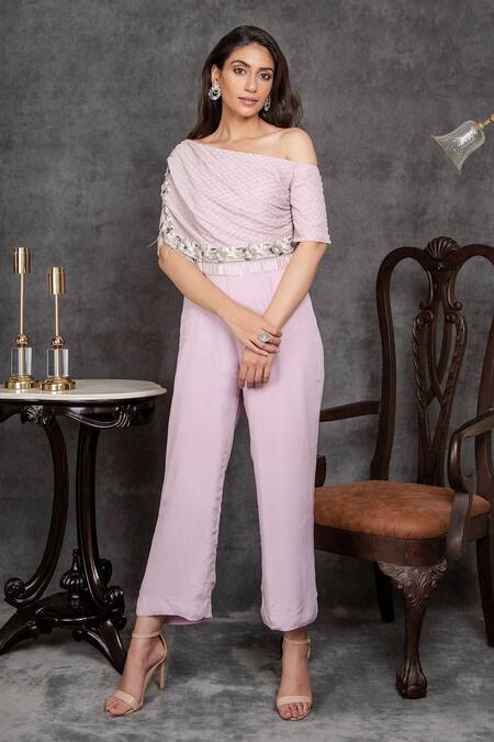 Shop Sunita Bhandari Purple Viscose, Crepe Tassels, Cut Work Asymmetric Embellished Draped Jumpsuit at Aza Fashions Shop_Sunita Bhandari_Purple Viscose, Crepe Tassels, Cut Work Asymmetric Embellished Draped Jumpsuit _at_Aza_Fashions