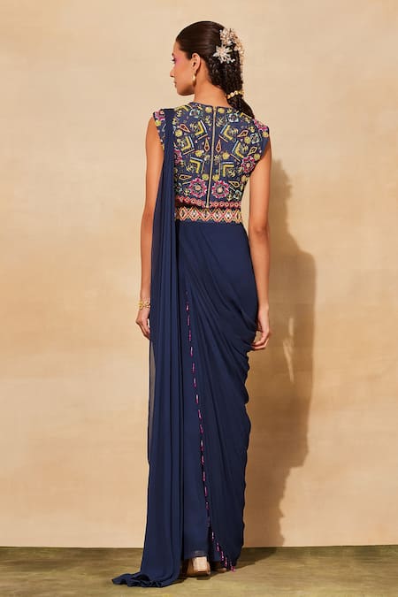 Shop Diyarajvvir Blue Cotton, Silk, Georgette Cut Pre-draped Pant Saree With Embroidered Blouse at Aza Fashions Shop_Diyarajvvir_Blue Cotton, Silk, Georgette Cut Pre-draped Pant Saree With Embroidered Blouse _at_Aza_Fashions