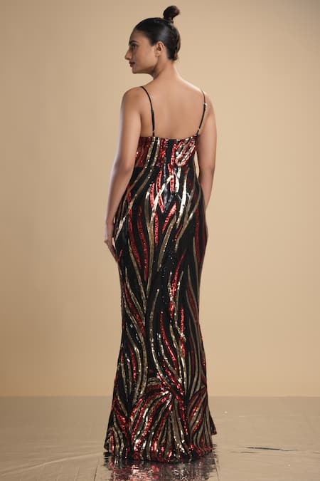 Shop_Kommal Sood_Black Lycra, Net Sequins V-neck Embroidered Spaghetti Gown _at_Aza_Fashions
