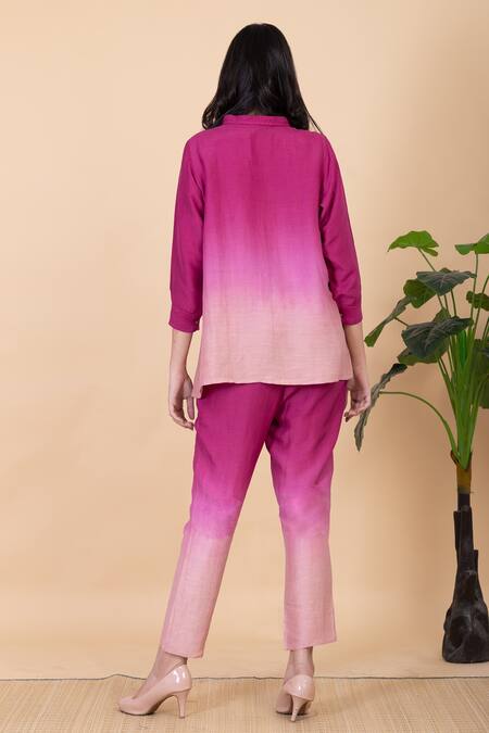 Shop_Chambray & CO._Purple All Weather Pure Silk Plain Spread Keah Ombre Dyed Shirt And Pant Set _at_Aza_Fashions