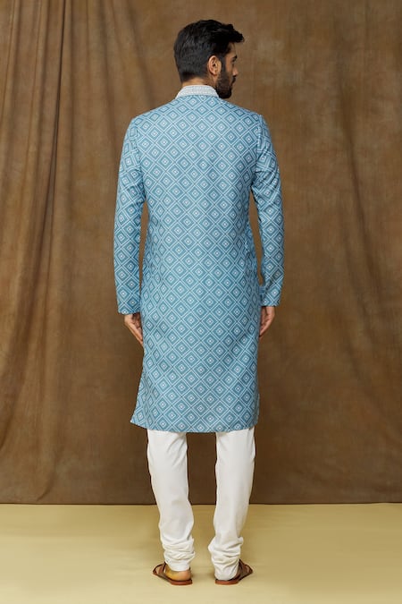 Arihant Rai Sinha Blue Cotton, Chanderi , Embroidery Geometric Print Kurta Set Online at Aza Fashions Arihant Rai Sinha_Blue Cotton, Chanderi , Embroidery Geometric Print Kurta Set _Online_at_Aza_Fashions