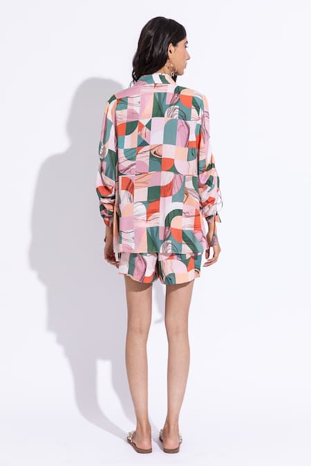 Shop_Aroop Shop India_Multi Color Cotton, Silk Collared Debbie Azalea Print Shorts Set _at_Aza_Fashions