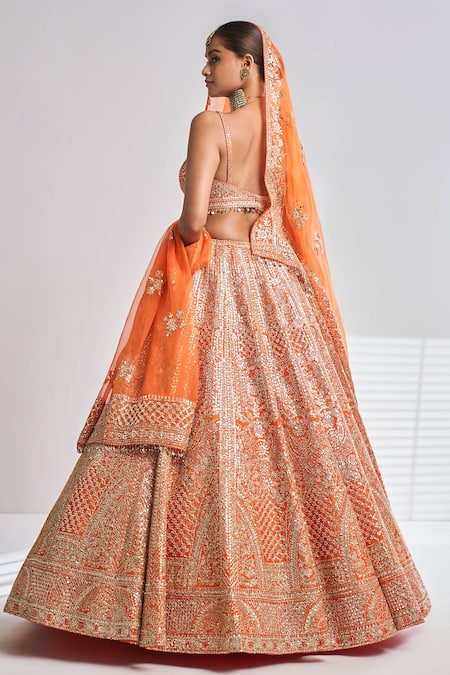 Seema Gujral Orange Raw Silk Gota Patti Sweetheart Neck Work Bridal Lehenga Set Online at Aza Fashions Seema Gujral_Orange Raw Silk Gota Patti Sweetheart Neck Work Bridal Lehenga Set _Online_at_Aza_Fashions