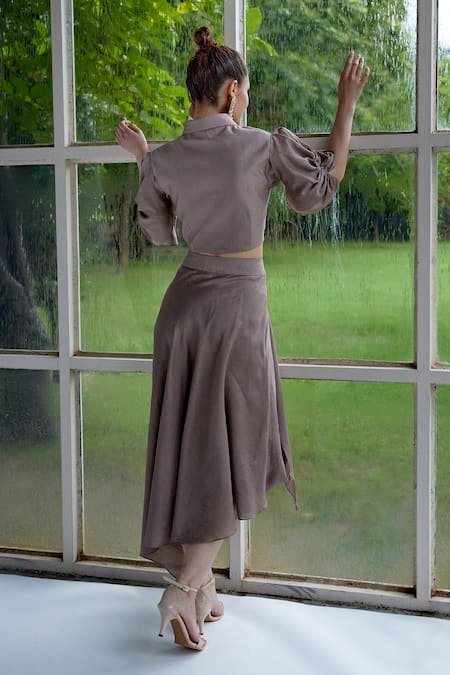 Shop Garima Bindal Brown Silk Tassels Shawl Neck Cascade Drape Sleeve Crop Top And Skirt Set at Aza Fashions Shop_Garima Bindal_Brown Silk Tassels Shawl Neck Cascade Drape Sleeve Crop Top And Skirt Set _at_Aza_Fashions