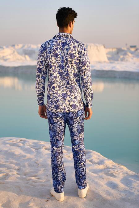 Shop_Dash And Dot_White Polyester Embroidery Porcelain Print Shirt And Pant Set _at_Aza_Fashions