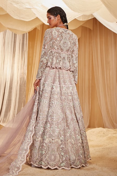 Shop House of Exotique Purple Net Sequins, Embroidery, Beads V-neck Floral Lehenga Set at Aza Fashions Shop_House of Exotique_Purple Net Sequins, Embroidery, Beads V-neck Floral Lehenga Set _at_Aza_Fashions