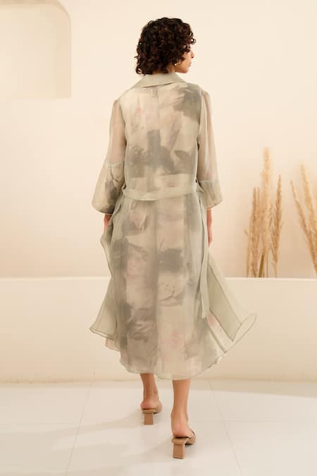 Shop Arcvsh By Pallavi Singh Grey Organza, Linen Fringe Collared Sheer Jacket With Floral Print Jumpsuit at Aza Fashions Shop_Arcvsh By Pallavi Singh_Grey Organza, Linen Fringe Collared Sheer Jacket With Floral Print Jumpsuit _at_Aza_Fashions