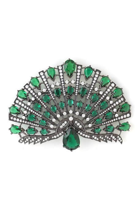 Shop Cosa Nostraa Black Stones Mayur Pankh Brooch at Aza Fashions Shop_Cosa Nostraa_Black Stones Mayur Pankh Brooch _at_Aza_Fashions