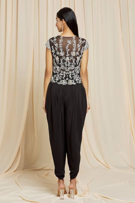 Shop Izzumi Mehta Black Crepe Floral Plunge V Neck Hand Embroidered Jacket And Dhoti Pant Set at Aza Fashions Shop_Izzumi Mehta_Black Crepe Floral Plunge V Neck Hand Embroidered Jacket And Dhoti Pant Set _at_Aza_Fashions