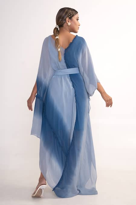 Shop_Merge Design_Blue Georgette, Crepe V-neck Shaded Draped Kaftan With Belt _at_Aza_Fashions