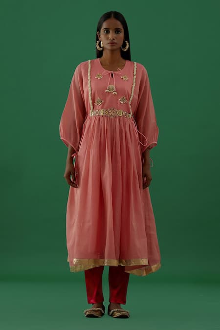 Shop 5elements Pink Silk Bodice Embroidery Pearls Round Neck Anarkali Set at Aza Fashions Shop_5elements_Pink Silk Bodice Embroidery Pearls Round Neck Anarkali Set _at_Aza_Fashions